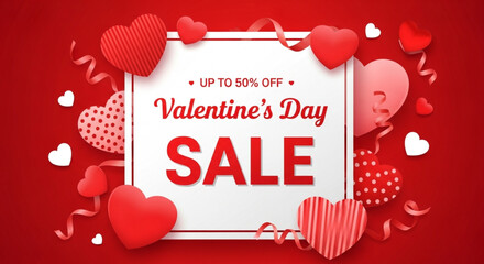 Valentine's day gift sale 50% off poster or banner with many sweet hearts. Happy Valentines day sale banner. Shining red and pink balloons 3d hearts background. Happy Valentine's Day, 50% Sale banner.