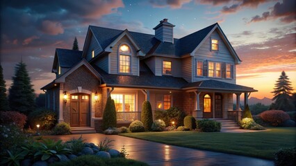 Warm ambiance lights up a cozy suburban home at dusk