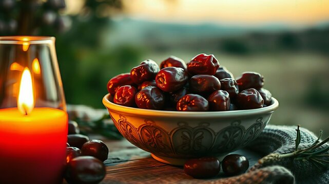 A bowl of dates with a lit candle on a wooden table against a natural background at dusk. Generative AI. 