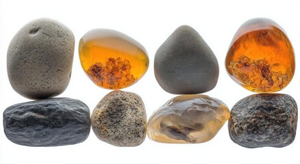Close-up of eight small smooth stones and amber-like translucent pieces arranged in two rows on a white background