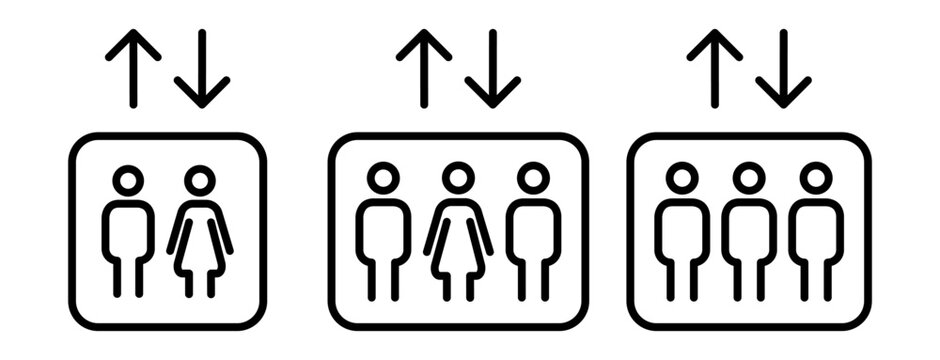 Elevator icon set with up and down arrows and passenger symbols. Outline lift signage icons showing people inside elevator cabins. 