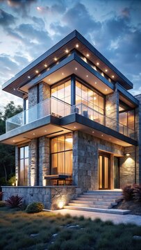 A modern twostory residence boasts expansive windows and a rugged stone faade, creating a striking contrast between elegance and natural beauty