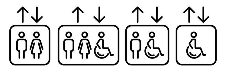 Elevator icon set in outline style with male, female and wheelchair accessibility symbols. Lift signage icons with up and down arrows for floors and navigation.  © IRYNA