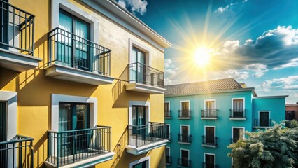 A bright and inviting sunny afternoon scene features a cheerful yellow wall with windows and tiny balconies in the distance