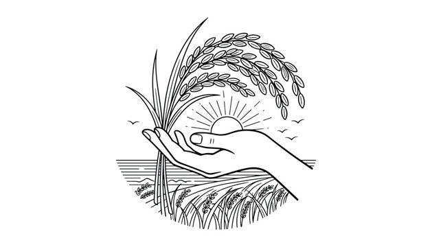 Line art illustration of hand holding rice paddy with sunrise design vector graphics