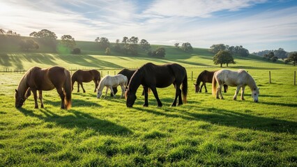 Obraz premium Horses Grazing in Green Pasture Field.
