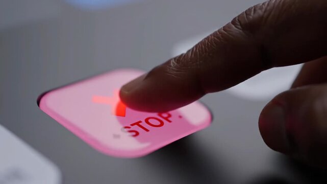 Finger pressing red stop button.