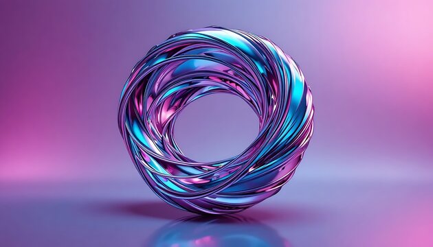 Abstract 3D rendering of a metallic torus with iridescent purple and teal chrome finish. Futuristic twisted ring sculpture with glossy neon reflections on a soft pastel gradient background.
