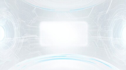 A futuristic, abstract digital background featuring a bright central area framed by intricate lines and circuit-like patterns in white and light blue.