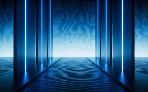 Futuristic blue neon-lit corridor with wavy floor, modern minimalist interior, abstract sci-fi lighting design, digital holographic ambiance, cyberpunk aesthetics, clean & sleek space. - Powered by Adobe