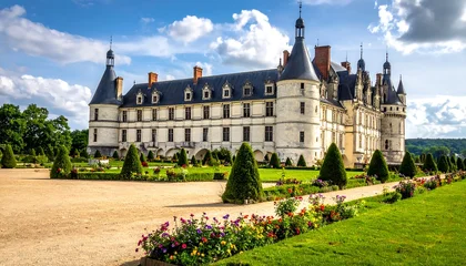 Canvas schilderij Tuin Grand European chateau basks in daylight, surrounded by formal gardens under a partly cloudy, blue sky  © piring