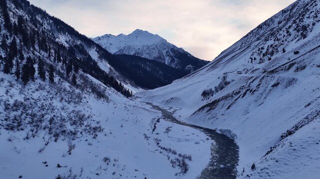 Aerial Drone Establishing Shot of Snowy Mountain Valley with Winding River in Winter, Cinematic Slow Forward Flight Through Frozen Valley with Pine Trees & Icy Stream, Winter Landscape with dark river
