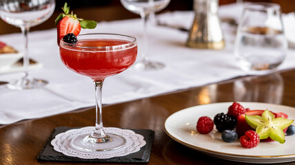 A refreshing berry cocktail with a vibrant red hue and fresh fruit platter on a sophisticated table