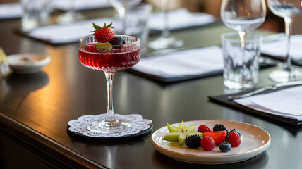 Refreshing berry cocktail with a garnish and a vibrant plate of fresh fruits on an elegant dining table