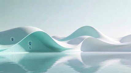 Surreal wave - shaped architectural structures with smooth surfaces and windows, reflecting in calm water. Minimalist, futuristic, and abstract design, blending organic forms with modern architecture.