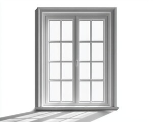white double casement window with twelve glass panes, decorative molding and sill, sunlight casting soft geometric shadows on the floor, evoking calm minimalist serenity