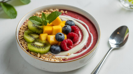 Vibrant and healthy berry smoothie bowl topped with fresh fruits, granola, and mint