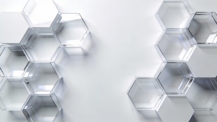 Transparent hexagonal glass structures arranged on a white background. Features geometric shapes, light reflections, and minimalist design, ideal for modern architectural or technological concepts.