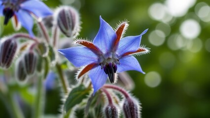 Borage flower in bloom with green background