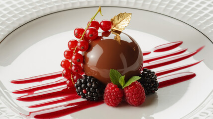 Exquisite chocolate sphere dessert beautifully presented with mixed berries and a delicate gold leaf