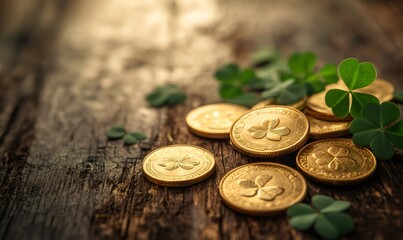 Gold coins with shamrock embossing laying on rustic wooden surface with scattered green clovers, symbolizing luck and wealth