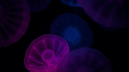 Fototapeta premium Abstract glowing jellyfish or organic cells floating in dark water. Bioluminescent pink and blue translucent forms on black background. Surreal deep sea 3D render with ethereal atmosphere.