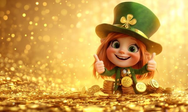 Adorable animated leprechaun character with green hat and shamrock, sitting on a pile of shimmering gold coins doing thumbs up