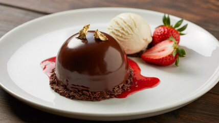 Gourmet chocolate dome dessert with a glossy glaze, vanilla ice cream, and fresh strawberries