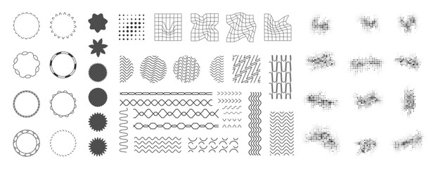 Fototapeta na wymiar Vector bundle of minimalist linear design elements. Line art, wavy shapes, halftone dots, and geometric patterns for posters and covers. Trendy Memphis style icons and textures.