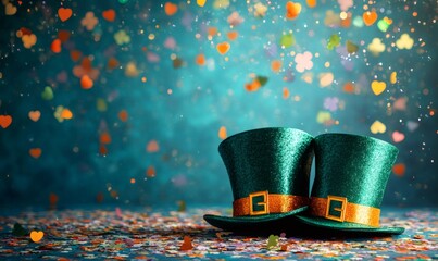 Green glitter leprechaun hats on a floor covered with confetti. Festivity and irish tradition with falling colorful bokeh shapes