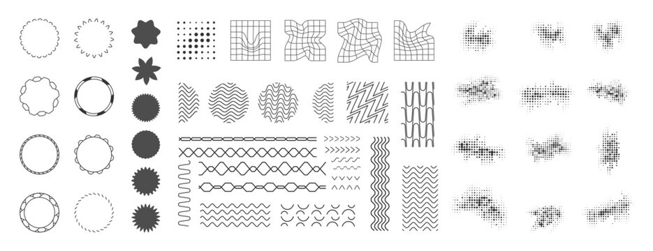 Vector bundle of minimalist linear design elements. Line art, wavy shapes, halftone dots, and geometric patterns for posters and covers. Trendy Memphis style icons and textures.