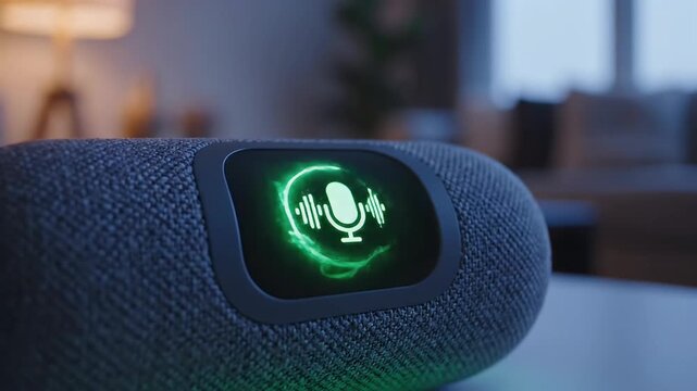 Smart speaker voice assistant technology home automation digital device AI smart home connected devices listening microphone activation futuristic tech innovation lifestyle