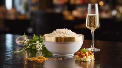 Elegant dining experience with aromatic rice, sparkling champagne, and a gourmet appetizer