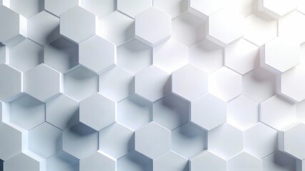 Fototapeta premium Abstract 3D hexagonal pattern in white with varying light shades, showcasing a modern geometric background ideal for digital design, architecture visualization, or tech-related projects.