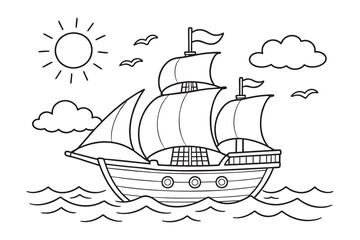 Black and white line art vector illustration of a sailing ship on the sea with sun, clouds, and birds, suitable for coloring book and nautical themes.
