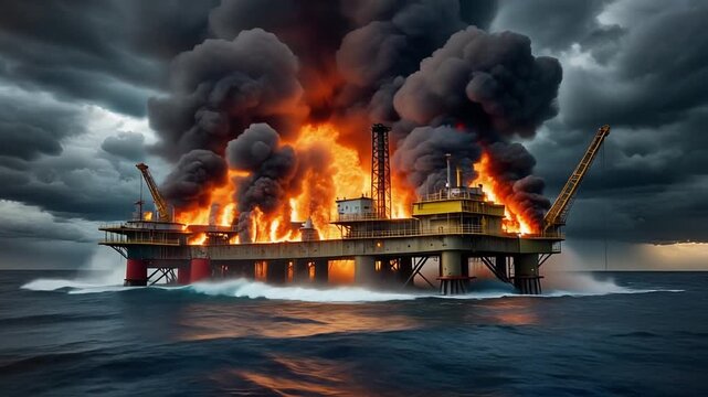 Burning Oil Rig Disaster at Sea.