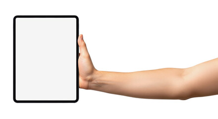 Hand holding blank white tablet screen mockup isolated on white background