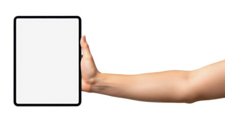 Hand holding blank white tablet screen mockup isolated on white background