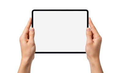 Woman's Hands Holding Black Digital Tablet with Blank White Screen Mockup