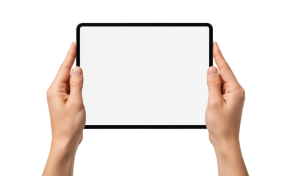Woman's Hands Holding Black Digital Tablet with Blank White Screen Mockup - Powered by Adobe