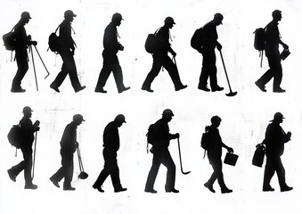 Twelve black silhouettes of a walking person in varying side profiles carrying backpacks, walking sticks, tools and buckets, conveying purposeful motion and routine