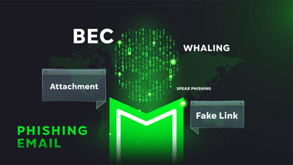 Cyber fraud concept with binary skull, world map, and fake link alerts on dark green background. Digital security threat, phishing attachment, and data breach warning for tech themes.