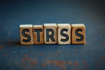 Wooden blocks arranged to spell the word stress on a textured surface with a blurred blue and brown background