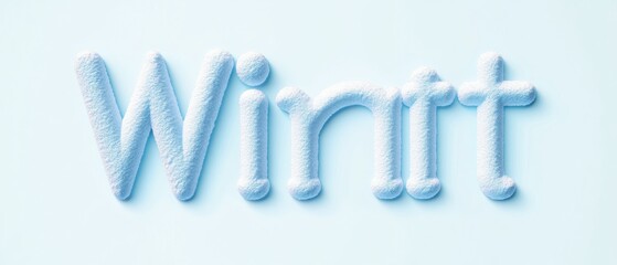 three-dimensional snow-covered letters spelling wintt on a pale blue background with soft shadows, conveying a crisp calm chilly mood