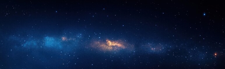 Wide panoramic view of a star-filled night sky with a bright band of the Milky Way galaxy crossing horizontally and glowing clusters of stars