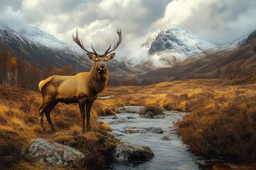 Majestic stag standing by a mountain stream in a golden autumn valley with snowy peaks and a moody cloudy sky, evoking serene wilderness solitude