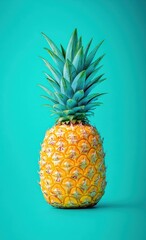 bright ripe pineapple with teal crown on turquoise background, fresh tropical fruit radiating cheerful summer energy