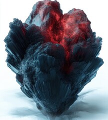 Abstract volcanic rock formation erupting with glowing red magma and dark jagged textures surrounded by mist and smoke