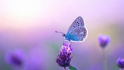 Close Up Of A Blue Butterfly Perched On A Purple Flower With Soft Purple Haze Background
