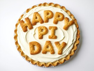 Happy pi day celebration with decorated pie on white background